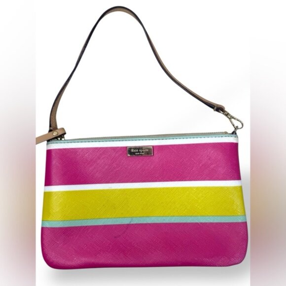 Kate Spade Multicolor Stripe Wristlet Pink Yellow Small Pouch Cute - Picture 3 of 6